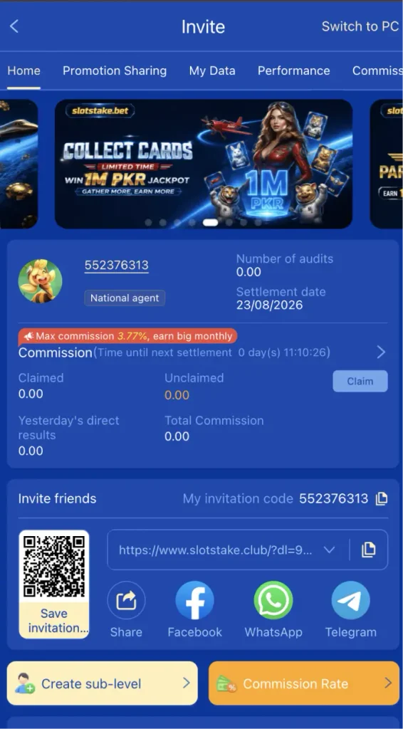 SlotsTake Bet Game APK invite screen showing referral code, QR code, commission information, invitation link, and social sharing options.