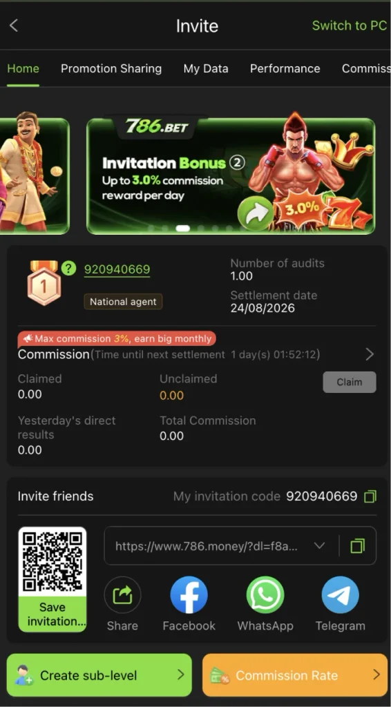 786 BET invite page showing referral bonus, commission details, invitation code, QR code, and social sharing options.