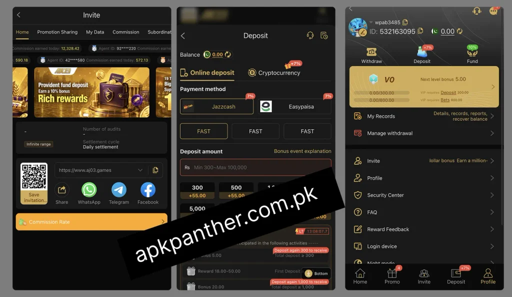 AJ03 Game app screens showing the Invite, Deposit, and Profile sections with commission details, payment methods, rewards, and account settings.