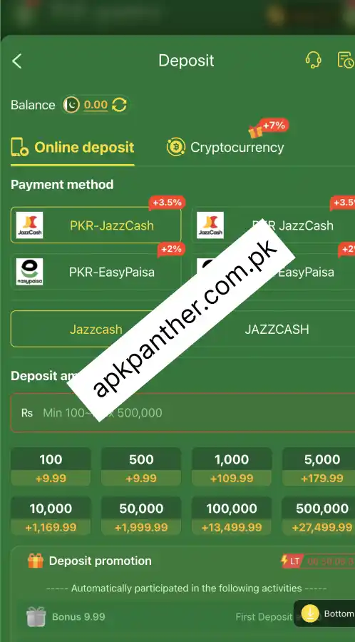 K8 Game provides convenient deposit options through JazzCash, Easypaisa, and cryptocurrency. Users can choose their preferred payment method, enter the deposit amount, and follow the instructions shown on the platform.