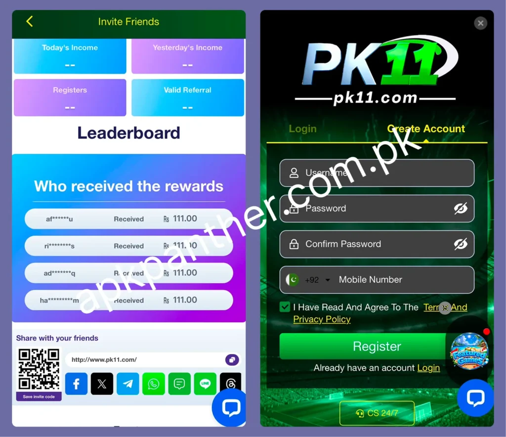 PK11 game screens showing the invite friends referral section and account registration interface.