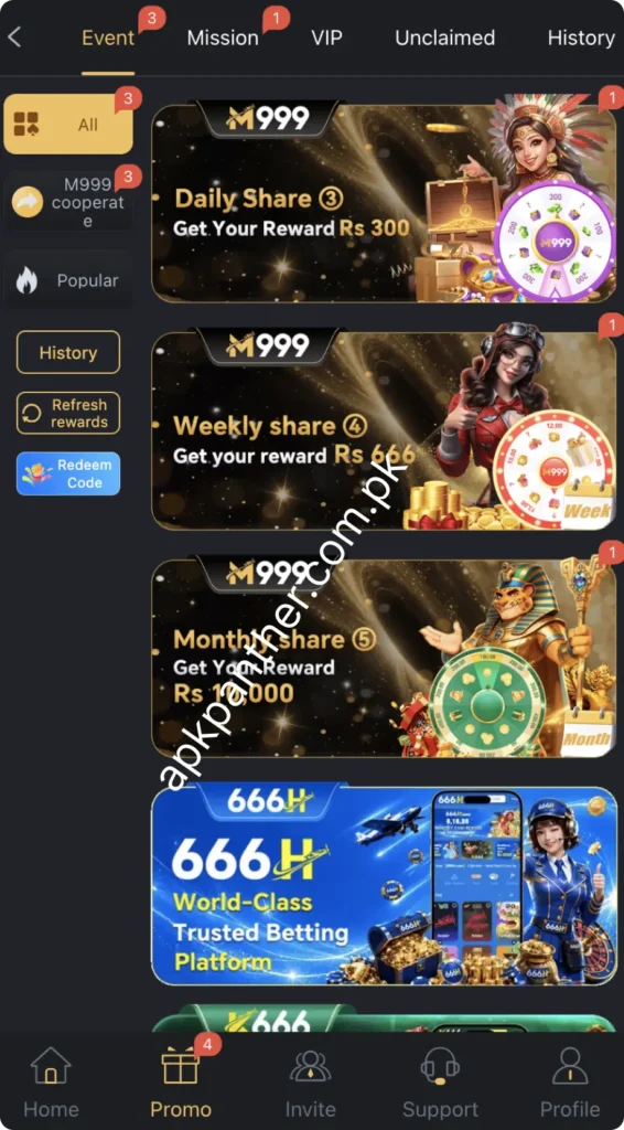 M999 Game promo screen showing events, missions, VIP, rewards, and promotional offers