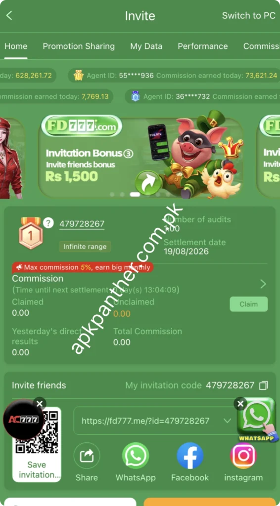 FD777 Game invite screen showing referral code, commission details, QR code, and sharing options